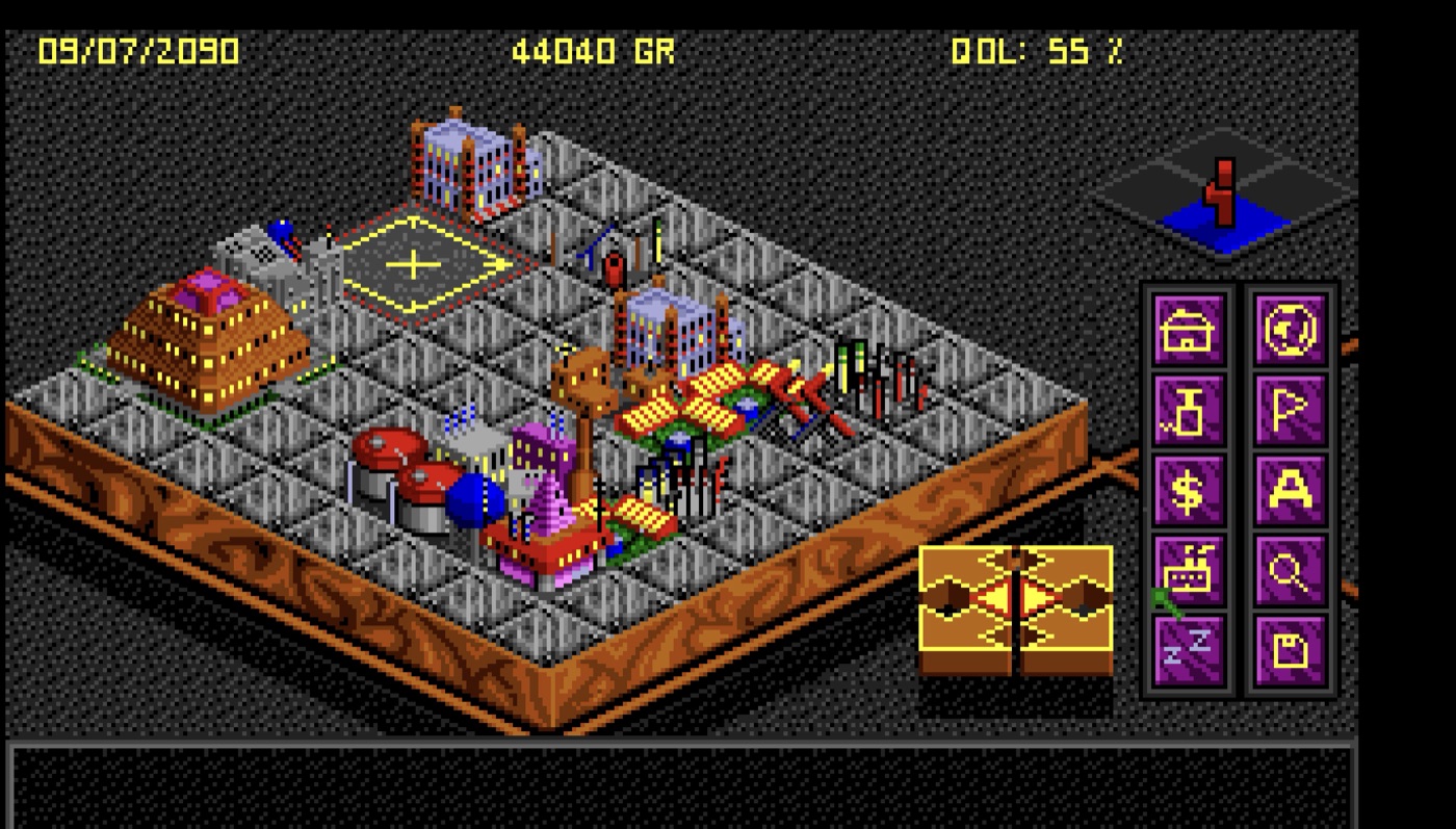 The Late Relief on the Amiga: a street grid laid across open ground between the colony's blocks