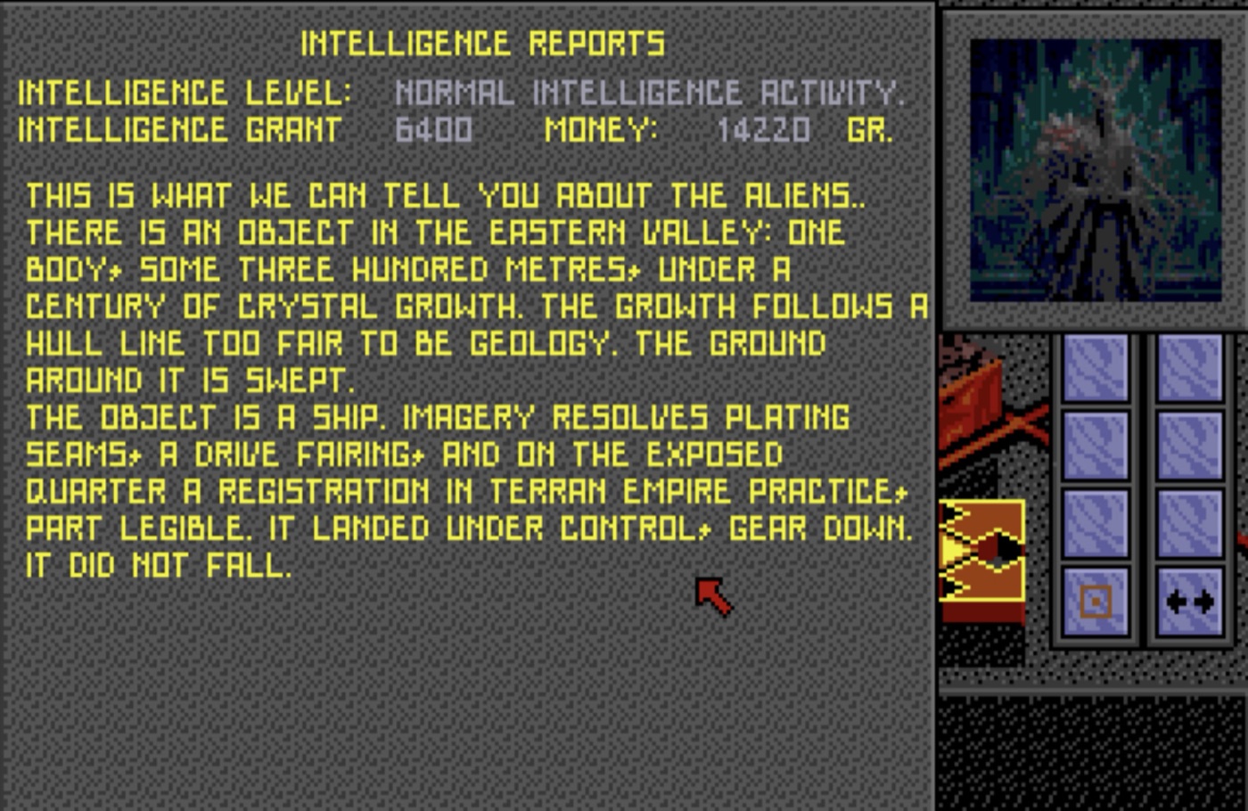 An in-game intelligence report describing a buried ship under a century of crystal growth